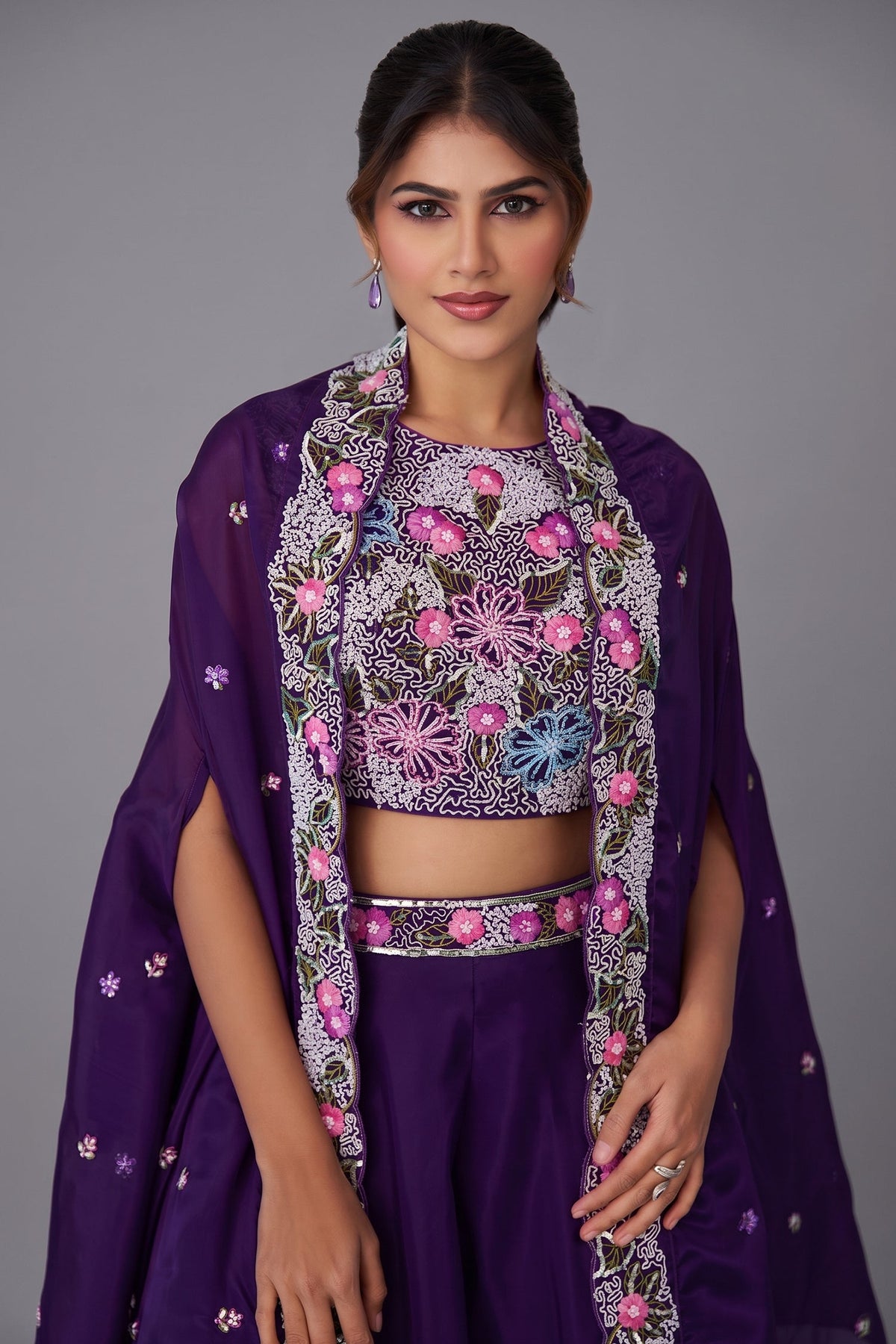 Royal Purple Crepe Beads Embroidered Crop Top with Flared Cape and Palazzo Set