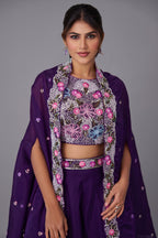 Royal Purple Crepe Beads Embroidered Crop Top with Flared Cape and Palazzo Set
