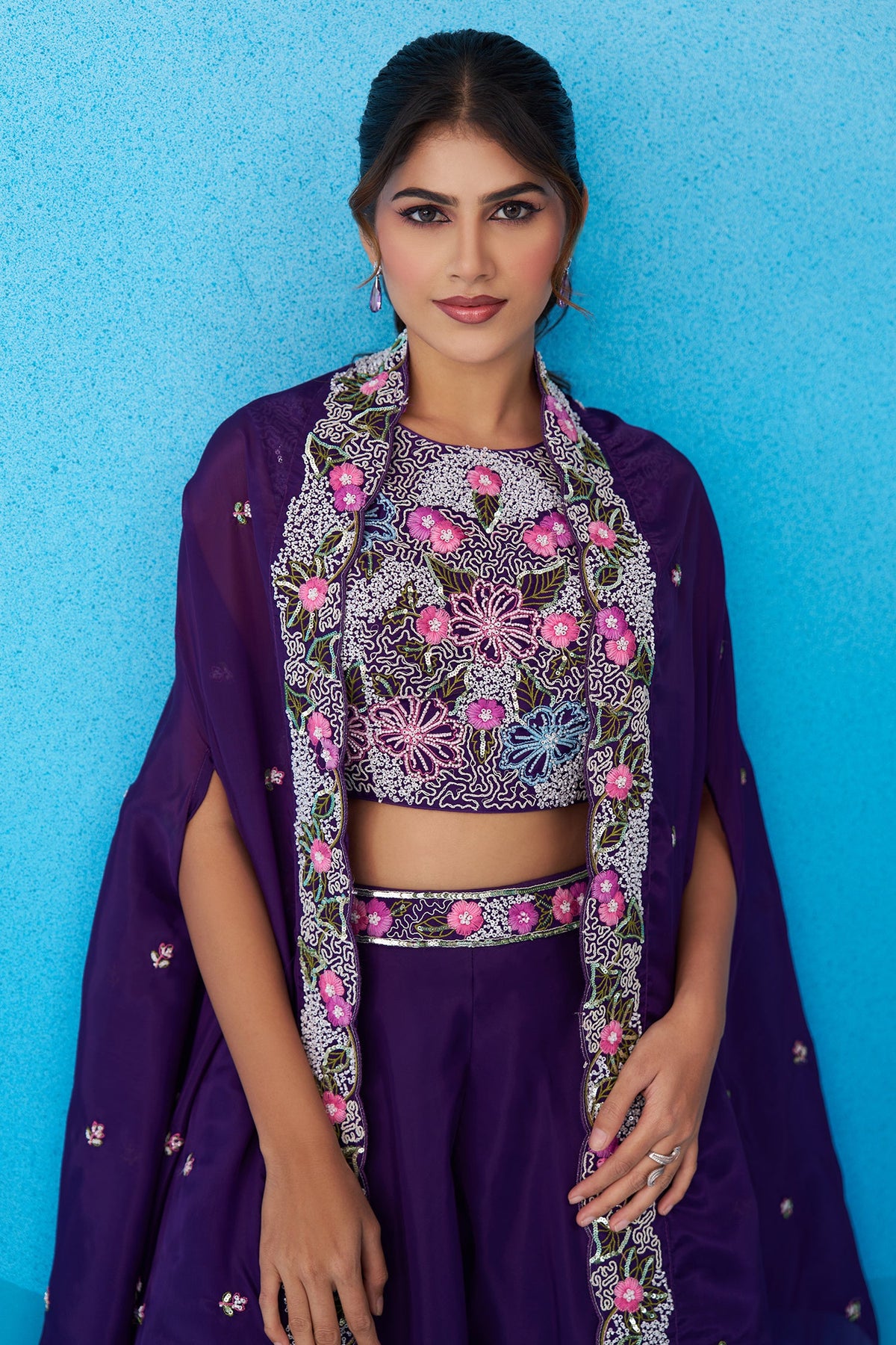 Royal Purple Crepe Beads Embroidered Crop Top with Flared Cape and Palazzo Set