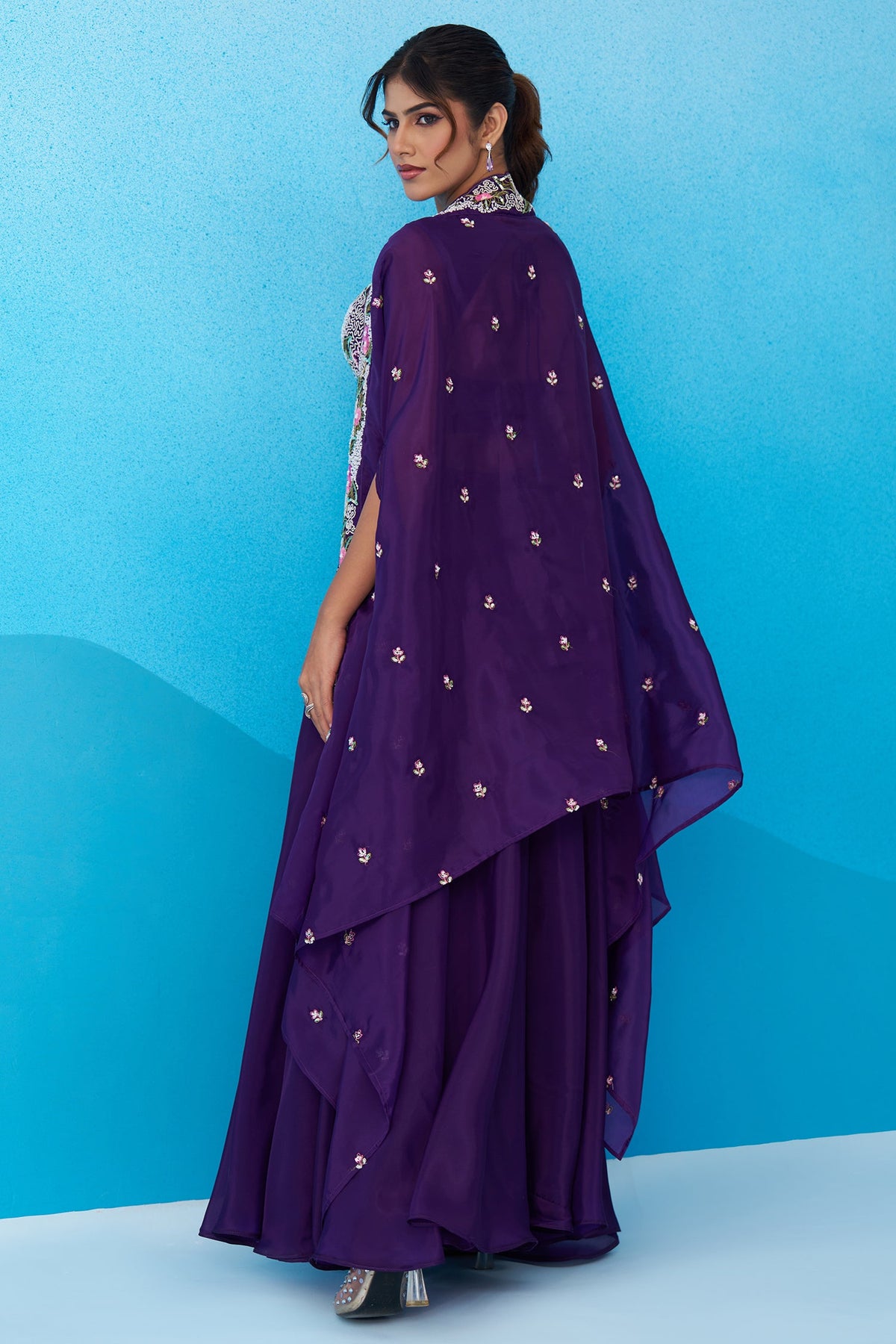 Royal Purple Crepe Beads Embroidered Crop Top with Flared Cape and Palazzo Set