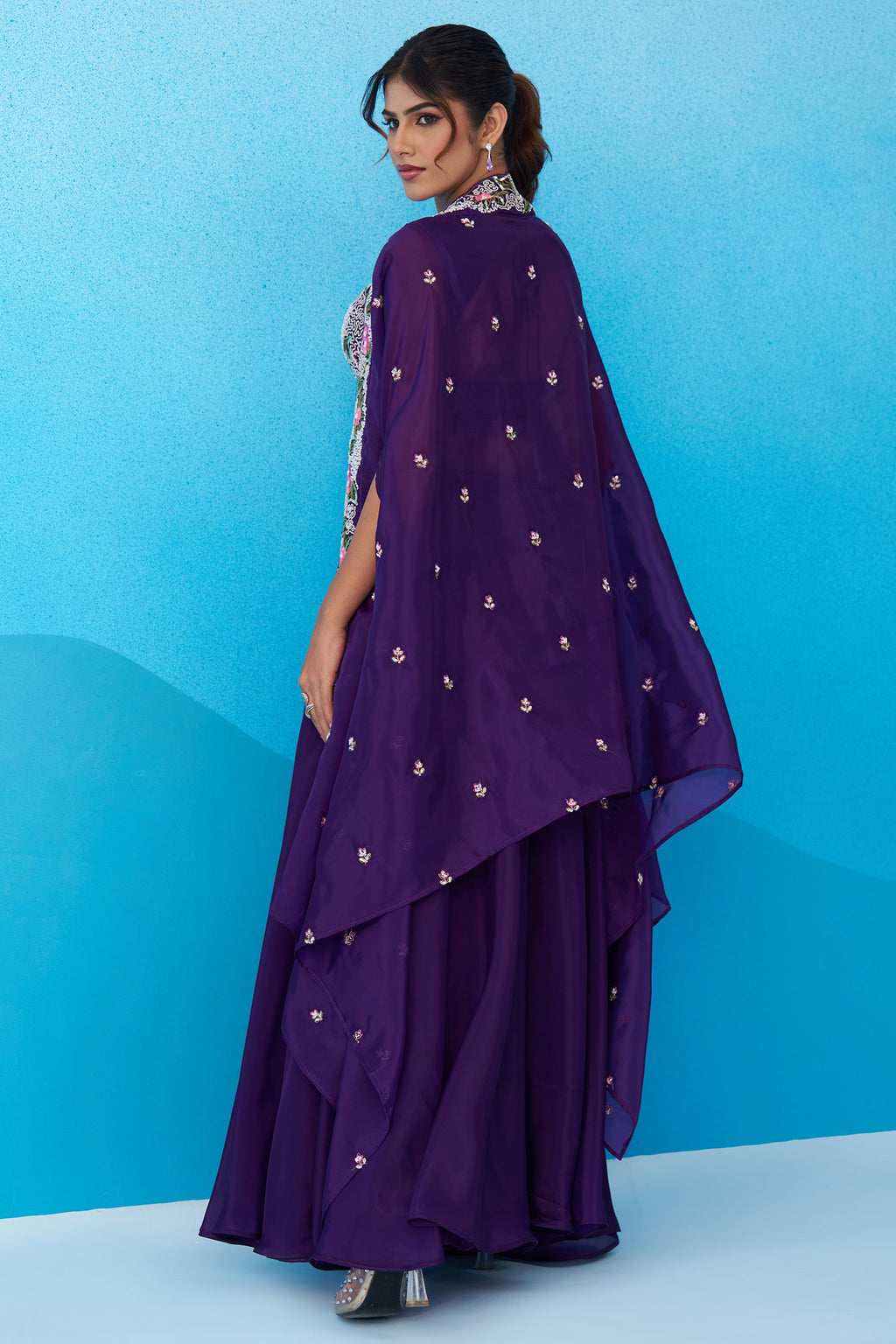 Royal Purple Crepe Beads Embroidered Crop Top with Flared Cape and Palazzo Set