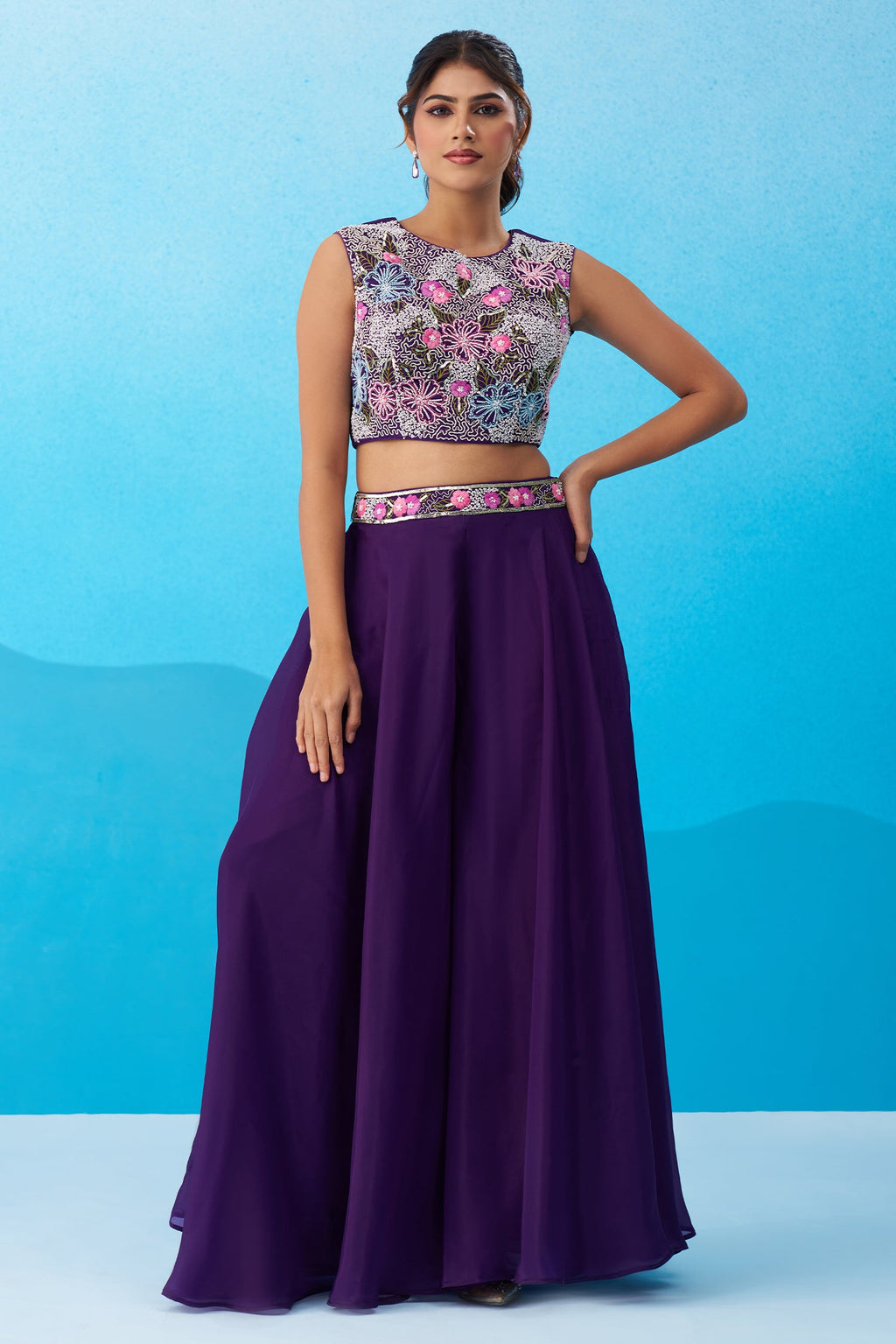 Royal Purple Crepe Beads Embroidered Crop Top with Flared Cape and Palazzo Set