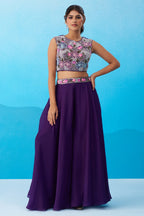 Royal Purple Crepe Beads Embroidered Crop Top with Flared Cape and Palazzo Set