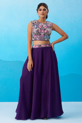 Royal Purple Crepe Beads Embroidered Crop Top with Flared Cape and Palazzo Set
