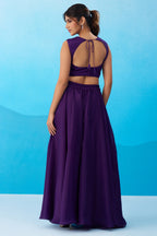 Royal Purple Crepe Beads Embroidered Crop Top with Flared Cape and Palazzo Set
