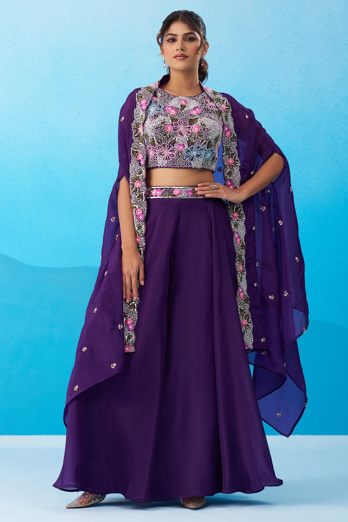 Royal Purple Crepe Beads Embroidered Crop Top with Flared Cape and Palazzo Set