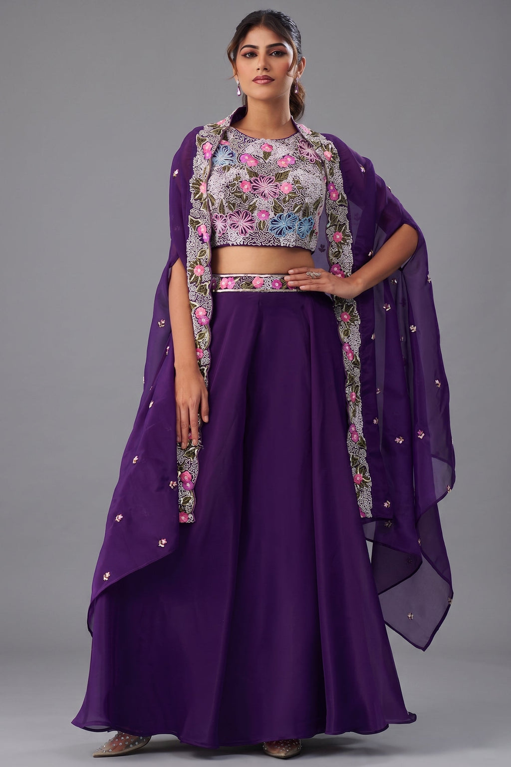 Royal Purple Crepe Beads Embroidered Crop Top with Flared Cape and Palazzo Set