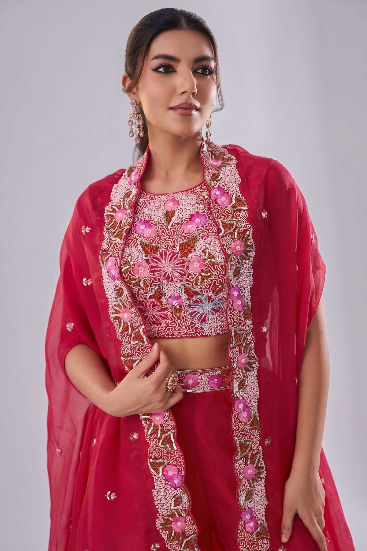 Dark Pink Crepe Embroidered Crop Top with Flared Cape and Flared Palazzo Set