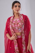 Dark Pink Crepe Embroidered Crop Top with Flared Cape and Flared Palazzo Set