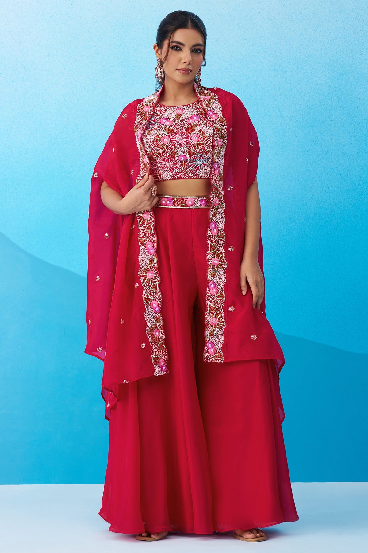 Dark Pink Crepe Embroidered Crop Top with Flared Cape and Flared Palazzo Set