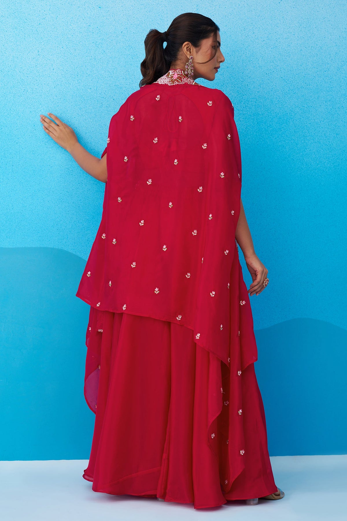 Dark Pink Crepe Embroidered Crop Top with Flared Cape and Flared Palazzo Set
