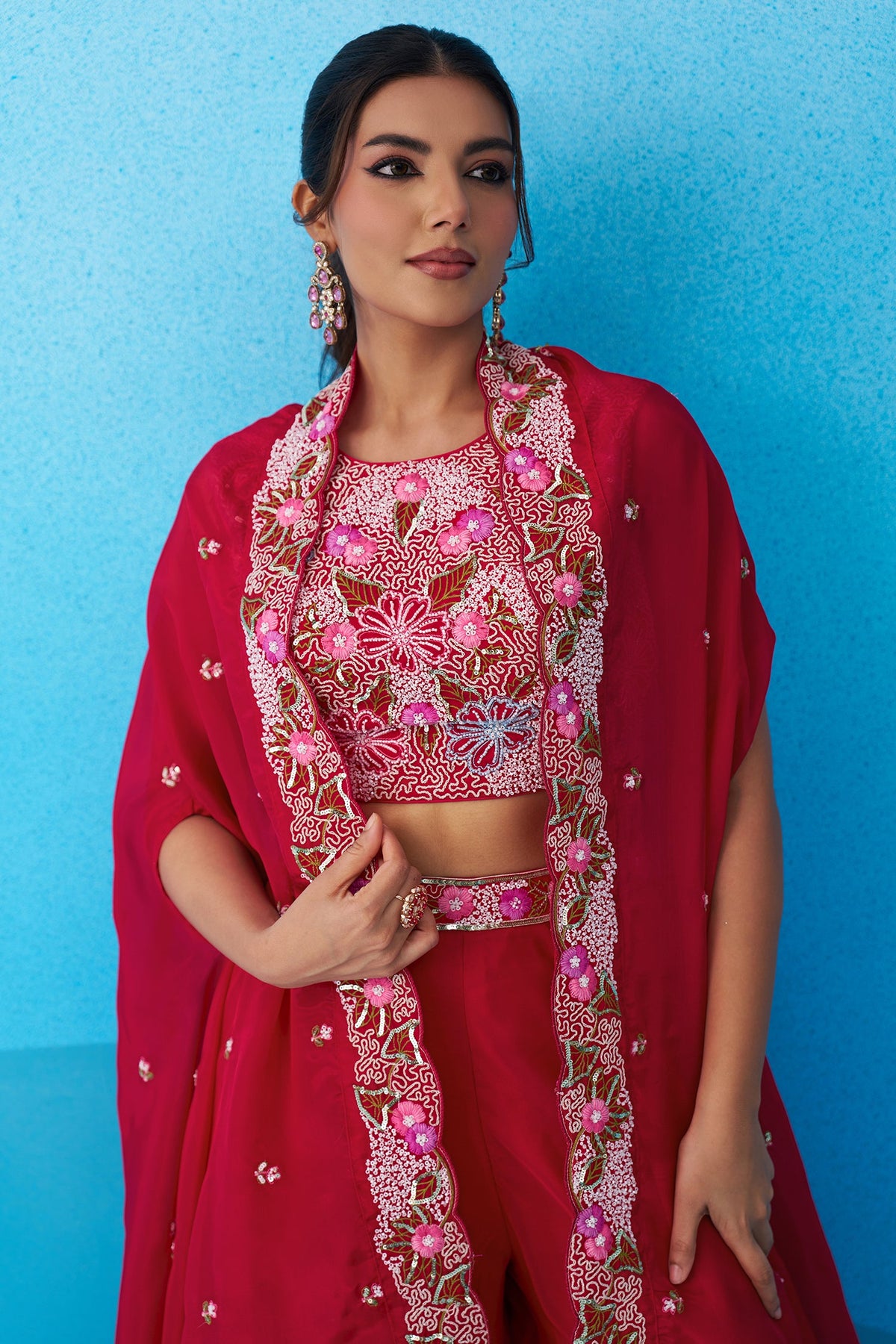 Dark Pink Crepe Embroidered Crop Top with Flared Cape and Flared Palazzo Set