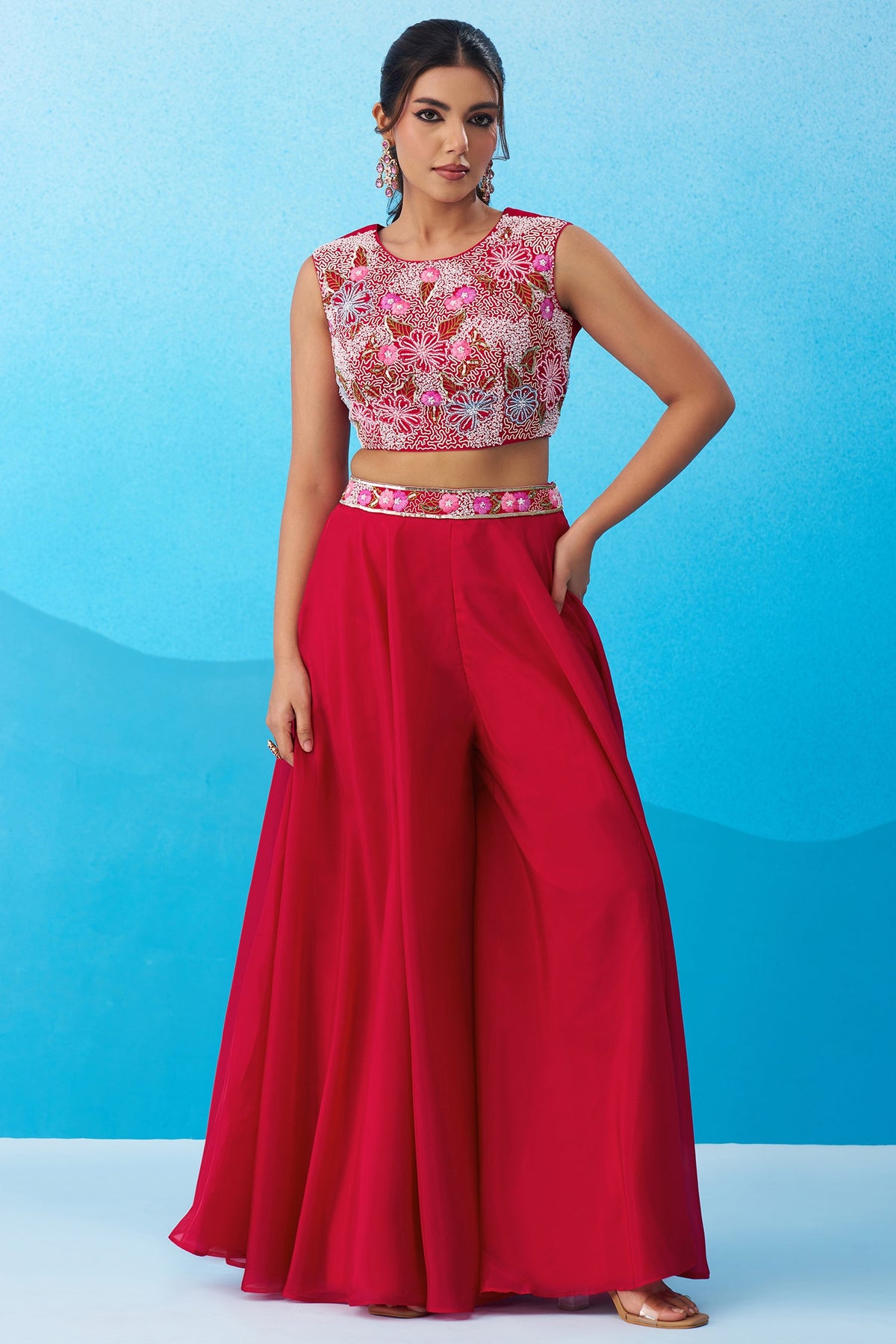 Dark Pink Crepe Embroidered Crop Top with Flared Cape and Flared Palazzo Set