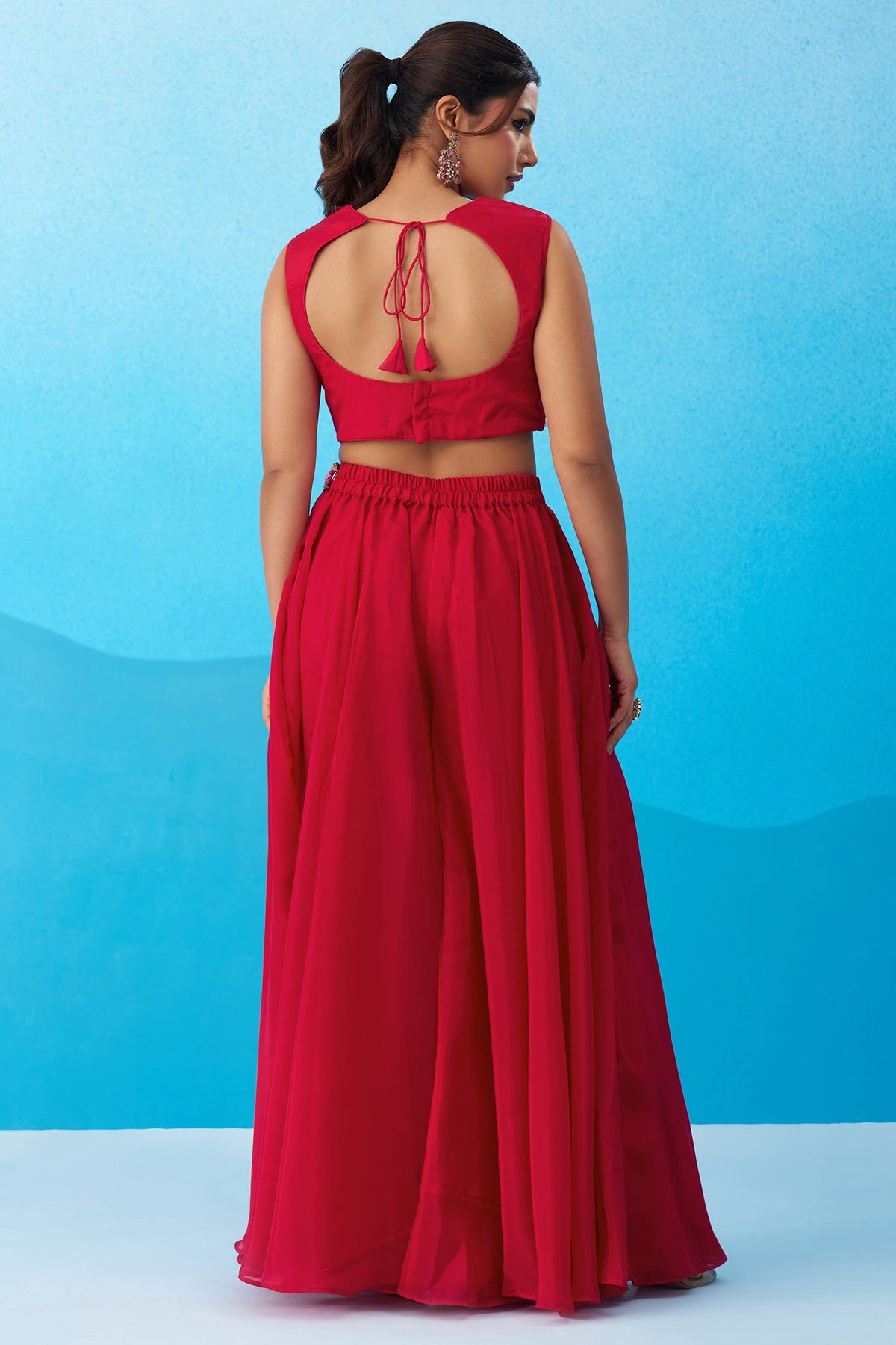 Dark Pink Crepe Embroidered Crop Top with Flared Cape and Flared Palazzo Set