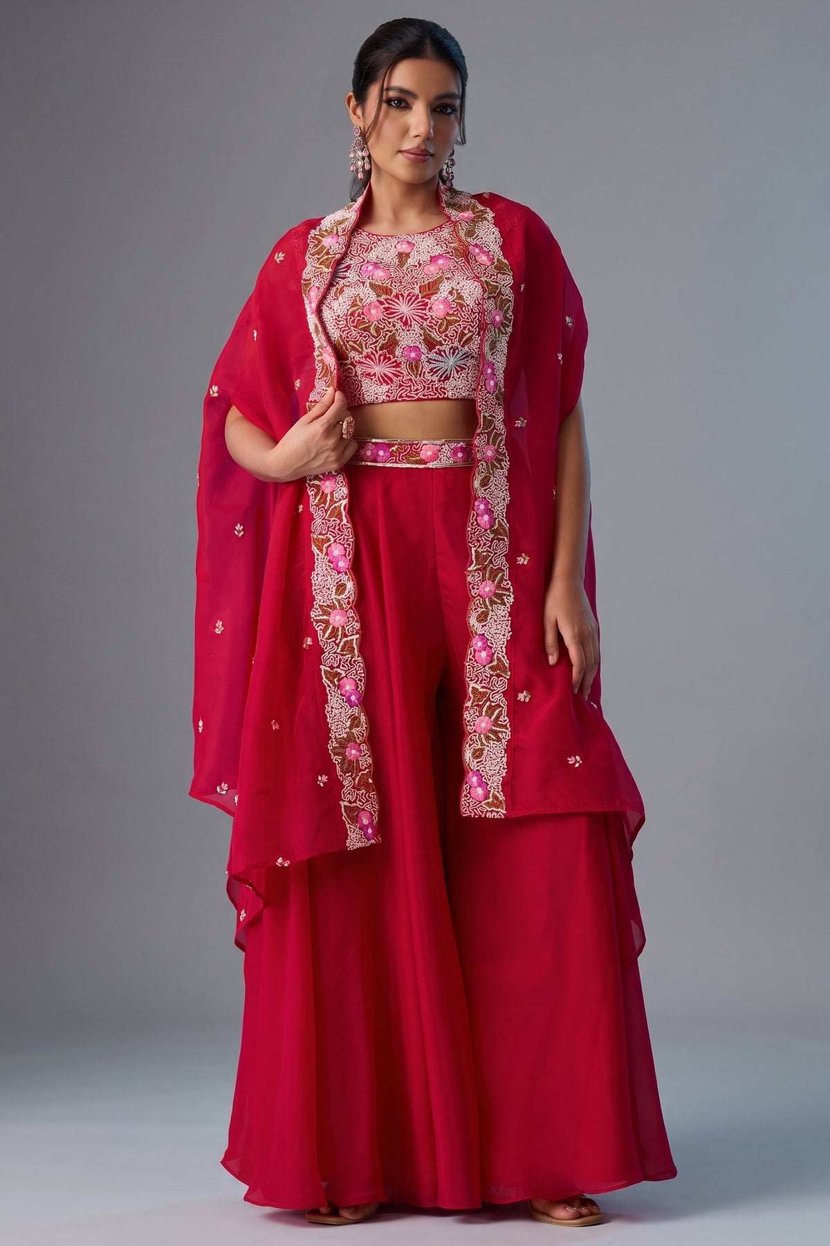 Dark Pink Crepe Embroidered Crop Top with Flared Cape and Flared Palazzo Set