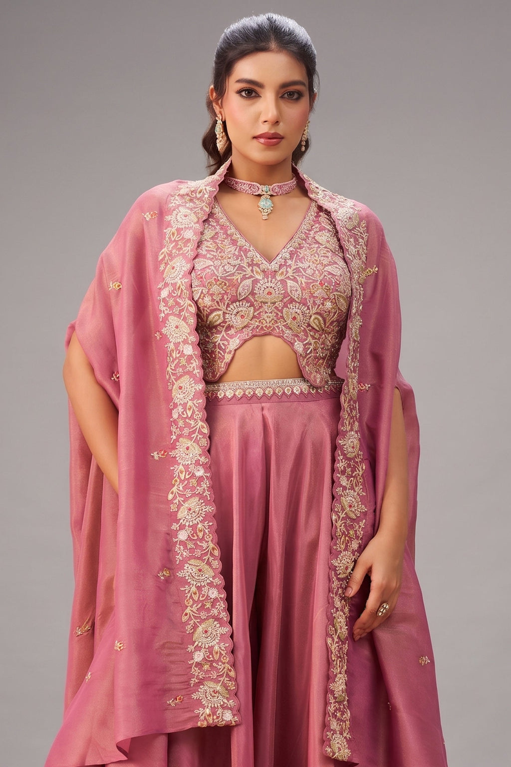 Coral Pink Crepe Beads Embroidered Crop Top with Cape and Flared Palazzo Set