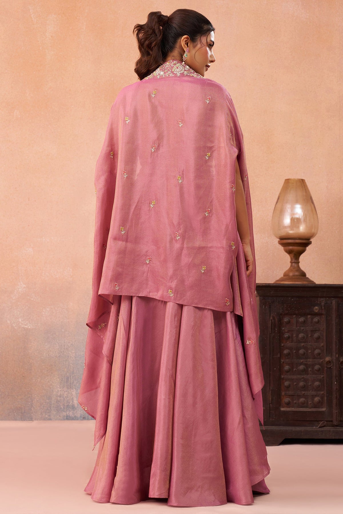Coral Pink Crepe Beads Embroidered Crop Top with Cape and Flared Palazzo Set