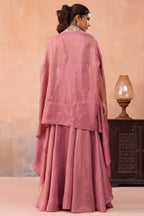 Coral Pink Crepe Beads Embroidered Crop Top with Cape and Flared Palazzo Set