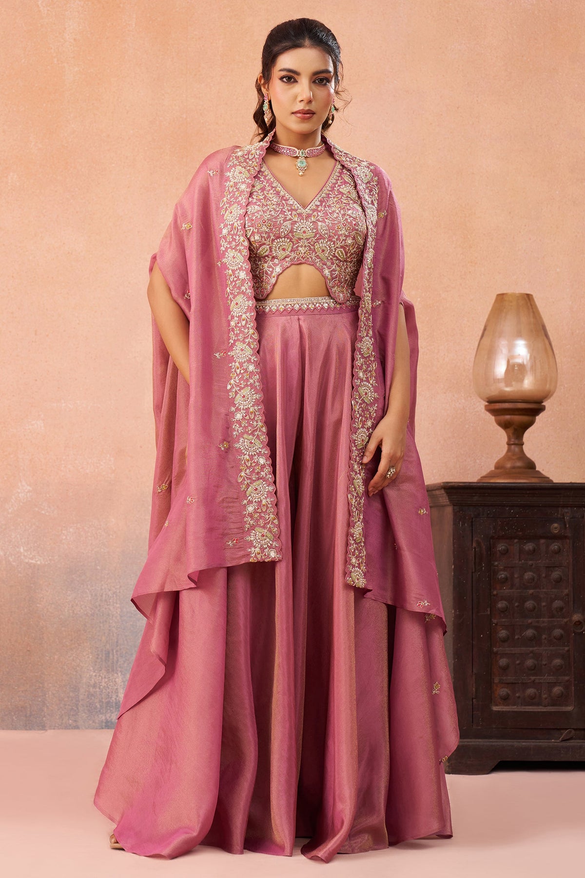 Coral Pink Crepe Beads Embroidered Crop Top with Cape and Flared Palazzo Set