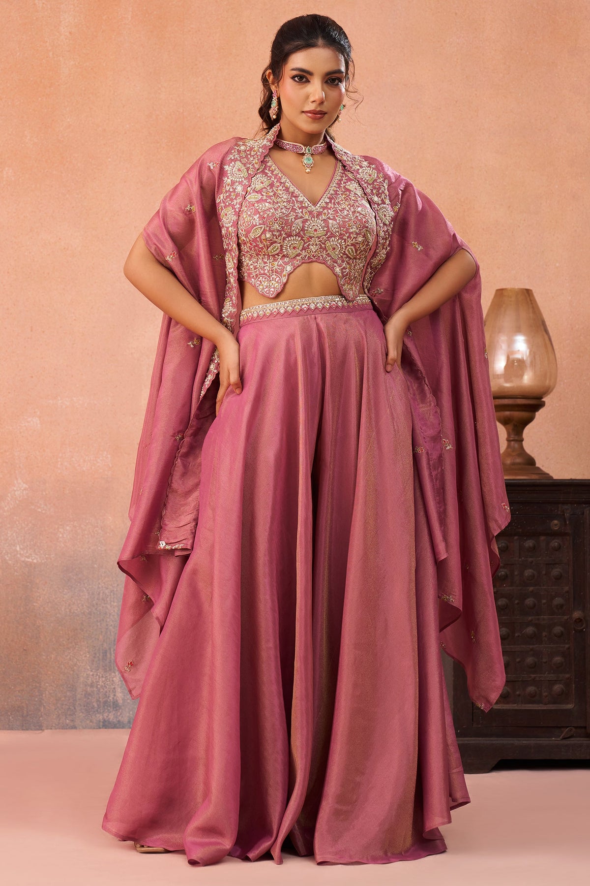 Coral Pink Crepe Beads Embroidered Crop Top with Cape and Flared Palazzo Set