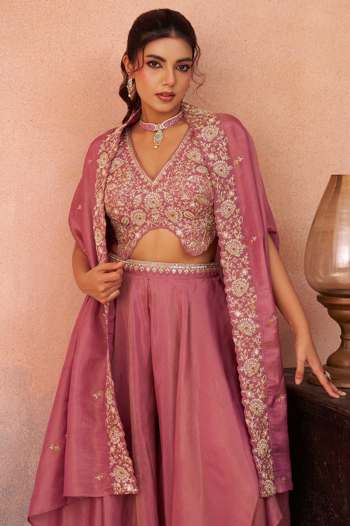Coral Pink Crepe Beads Embroidered Crop Top with Cape and Flared Palazzo Set