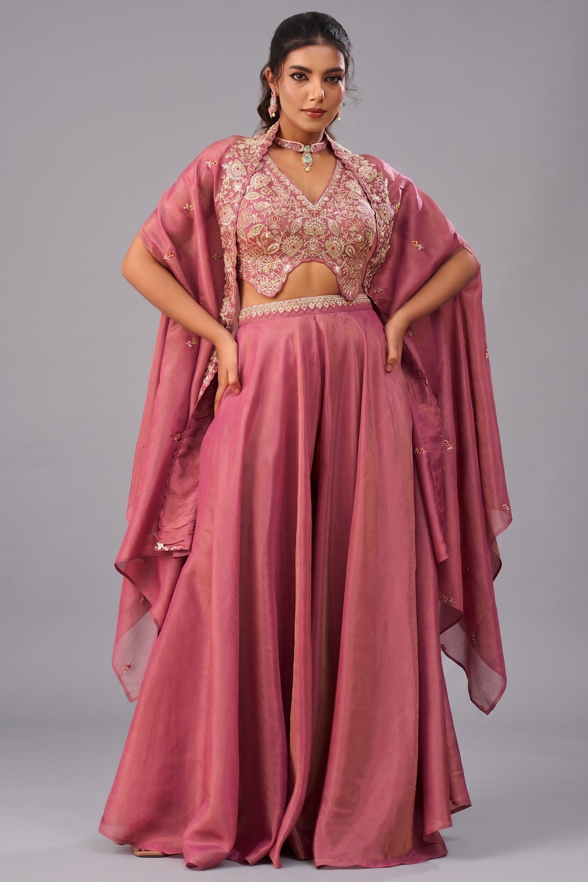 Coral Pink Crepe Beads Embroidered Crop Top with Cape and Flared Palazzo Set