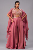 Coral Pink Crepe Beads Embroidered Crop Top with Cape and Flared Palazzo Set