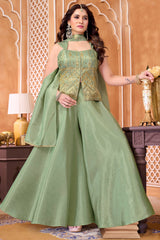 Light Pista Green Tissue Woven Palazzo Suit with Woven Applique Work