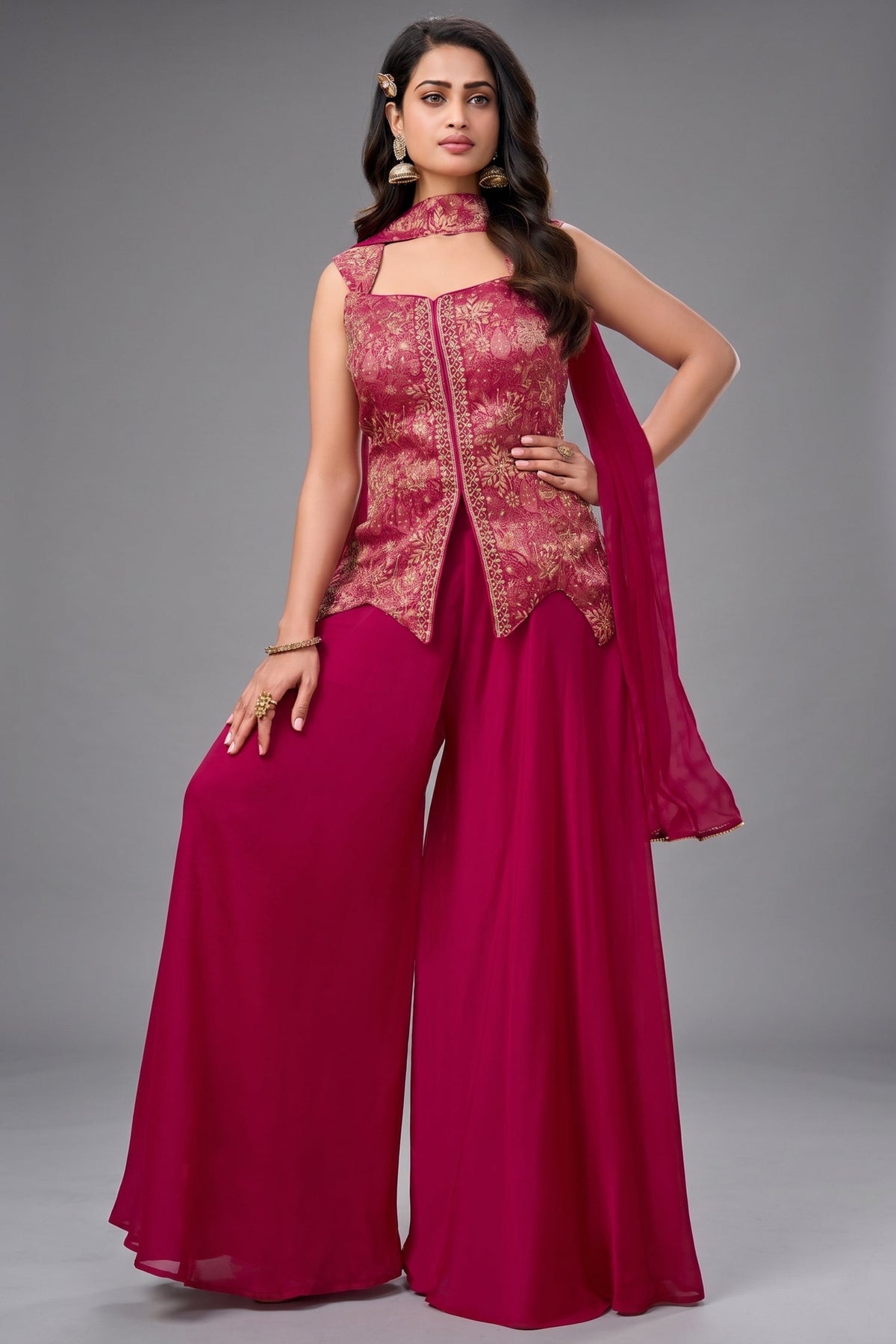 Rani Pink Brocade Woven Asymmetrical Palazzo Suit