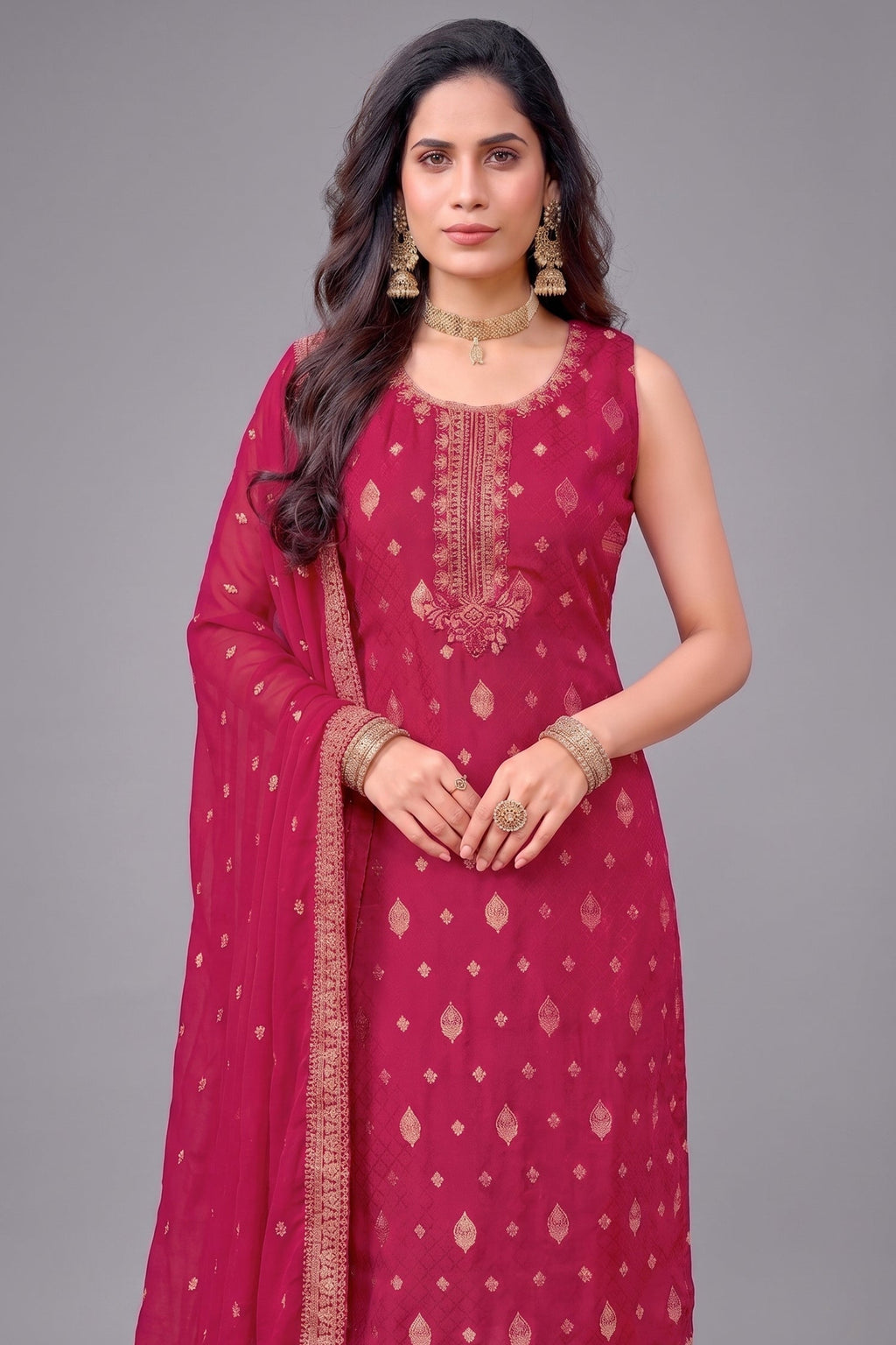 Rani Pink Art Silk Woven Straight Cut Suit with Embroidery