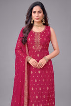 Rani Pink Art Silk Woven Straight Cut Suit with Embroidery