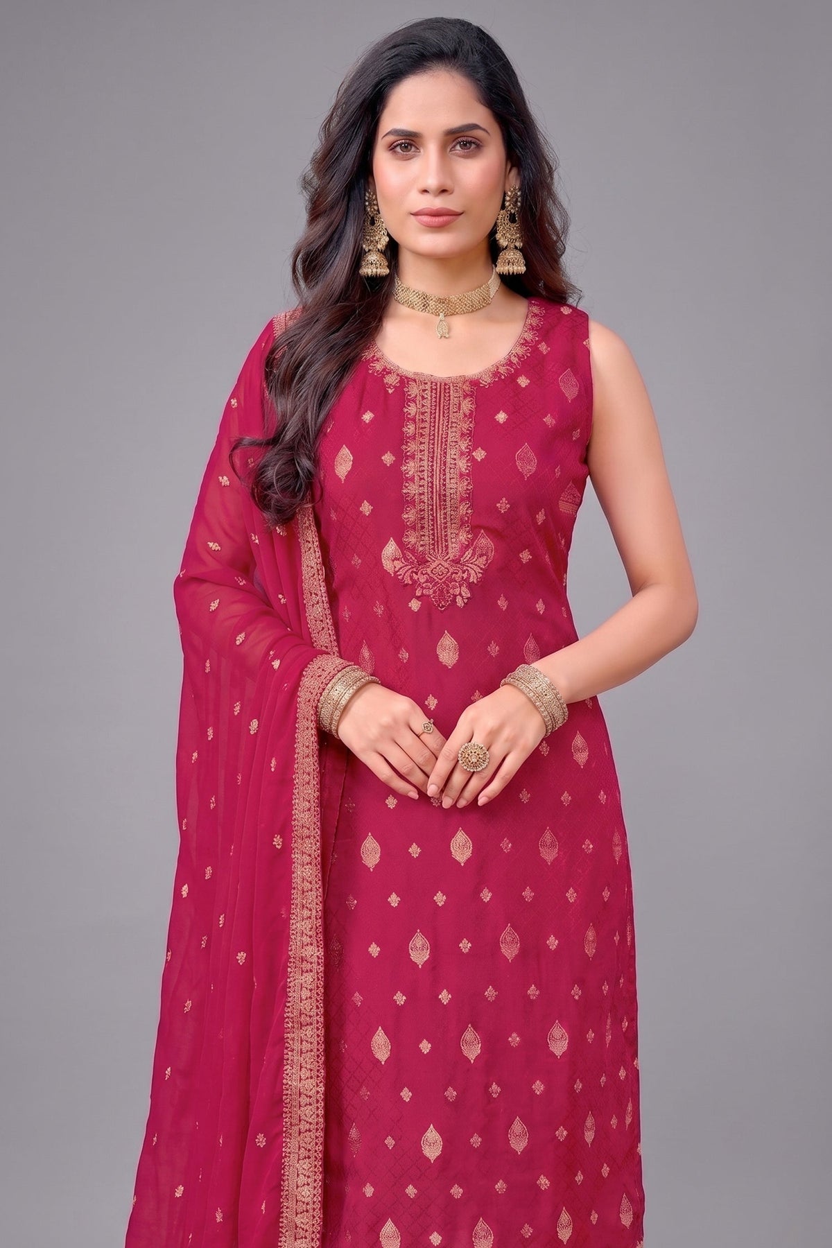 Rani Pink Art Silk Woven Straight Cut Suit with Embroidery