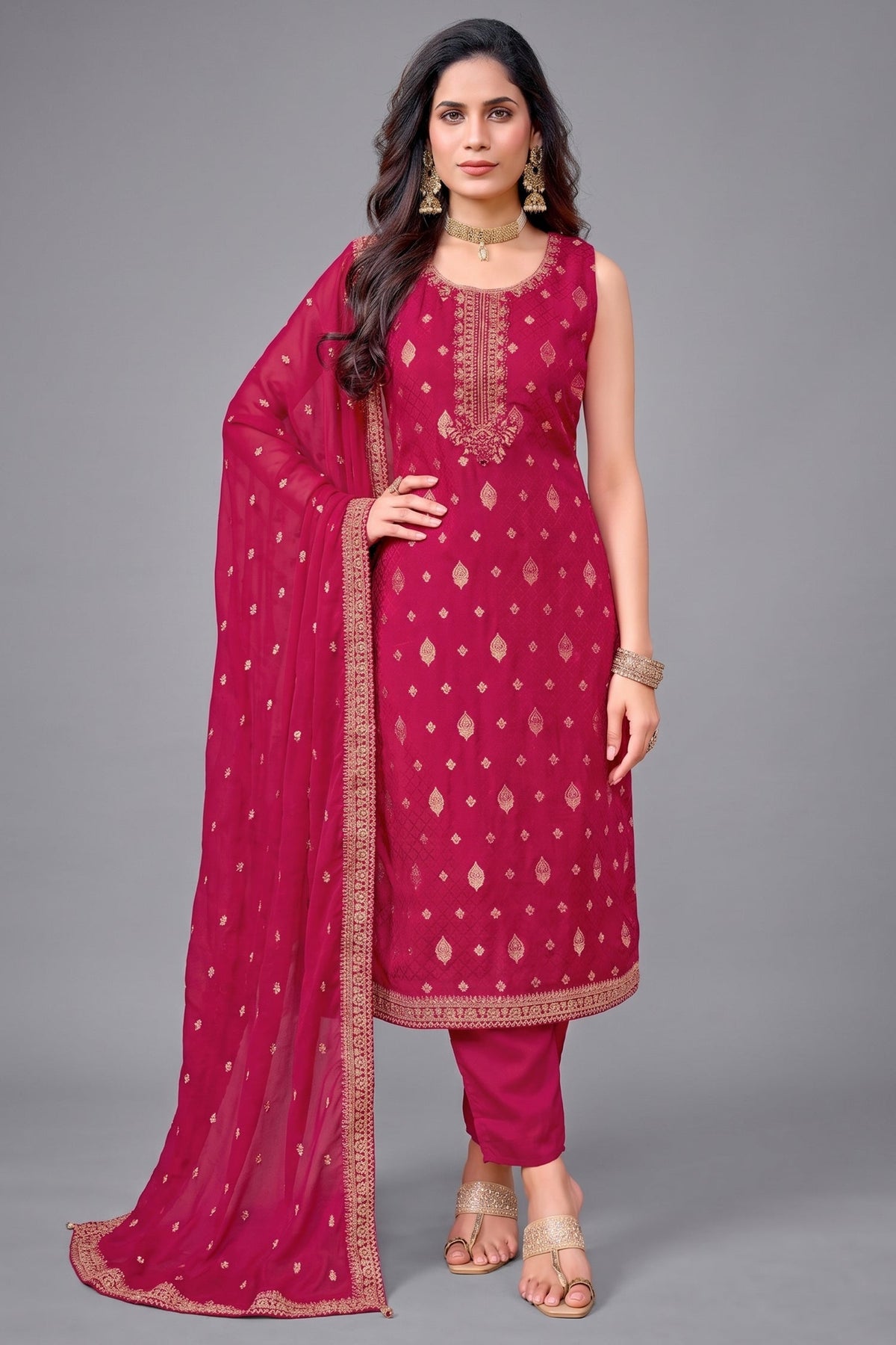 Rani Pink Art Silk Woven Straight Cut Suit with Embroidery
