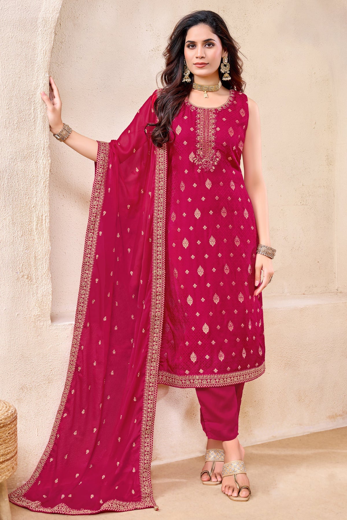 Rani Pink Art Silk Woven Straight Cut Suit with Embroidery
