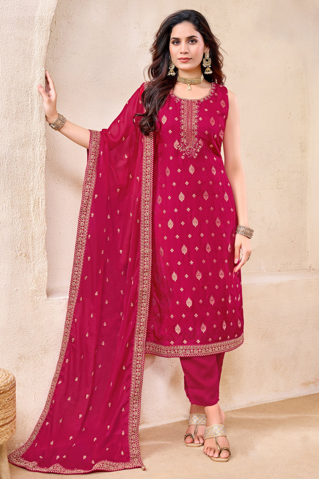 Rani Pink Art Silk Woven Straight Cut Suit with Embroidery