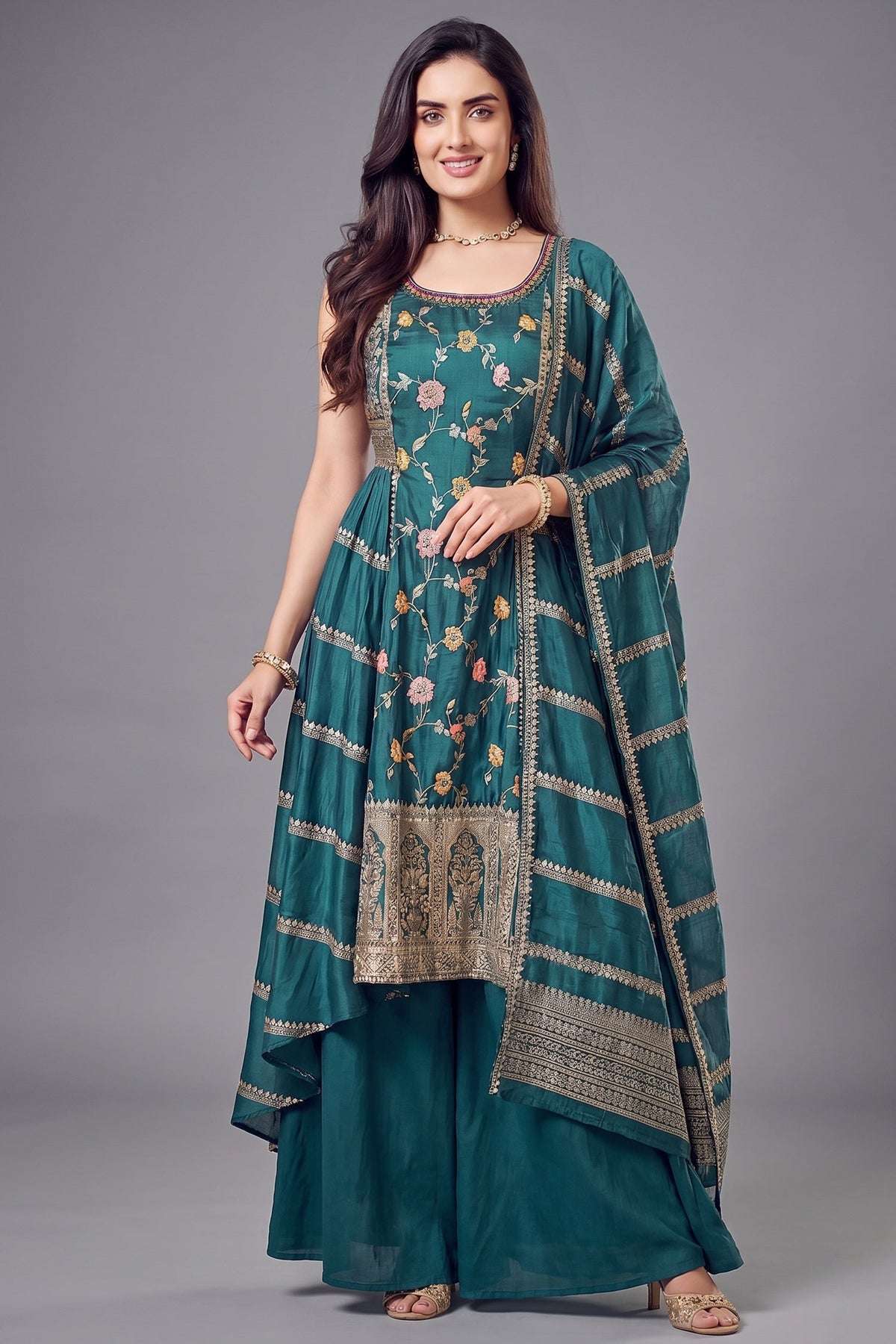 Firozi Chinon Silk Floral Embroidered Palazzo Suit