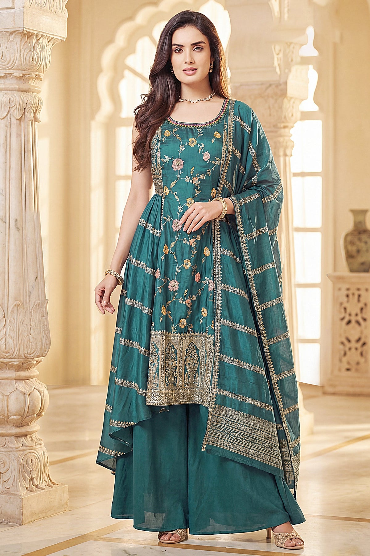 Firozi Chinon Silk Floral Embroidered Palazzo Suit