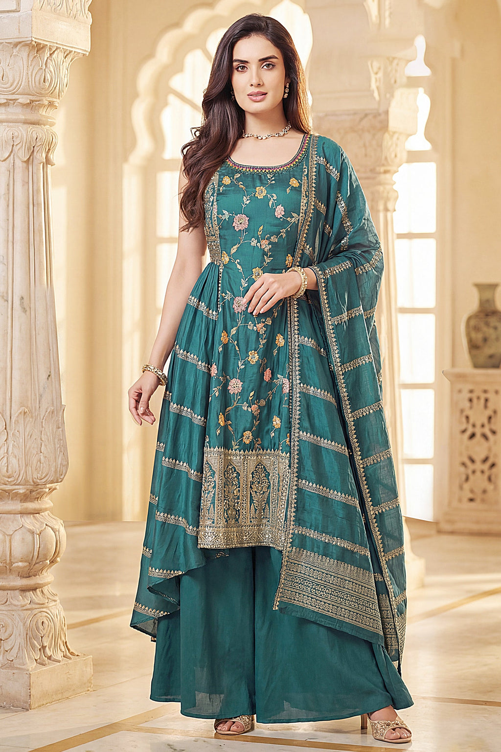 Firozi Chinon Silk Floral Embroidered Palazzo Suit