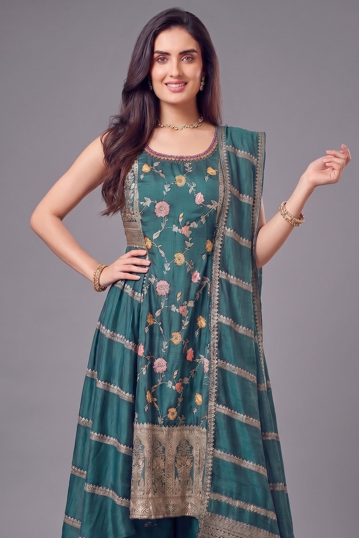 Firozi Chinon Silk Floral Embroidered Palazzo Suit