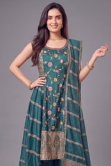 Firozi Chinon Silk Floral Embroidered Palazzo Suit