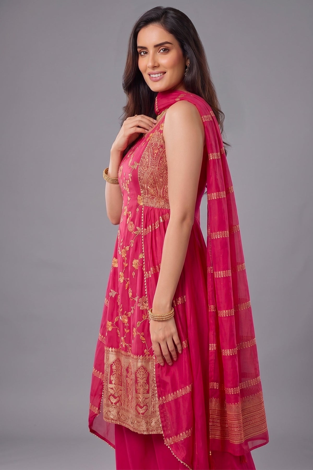 Rani Chinon Silk Floral Embroidered Palazzo Suit