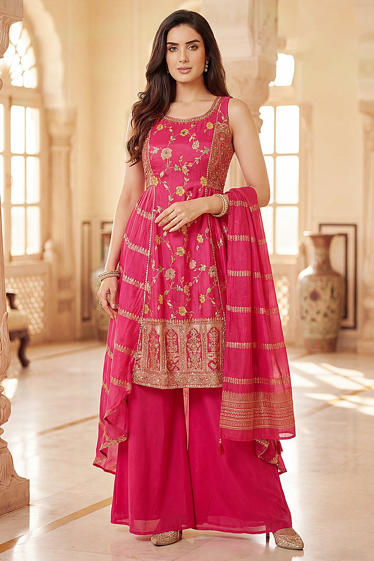 Rani Chinon Silk Floral Embroidered Palazzo Suit