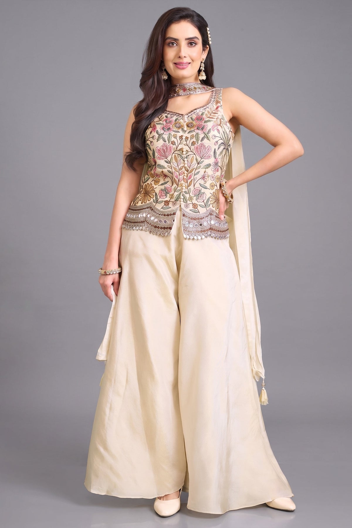 Ivory Cream Chinon Silk Floral Embroidered Palazzo Suit