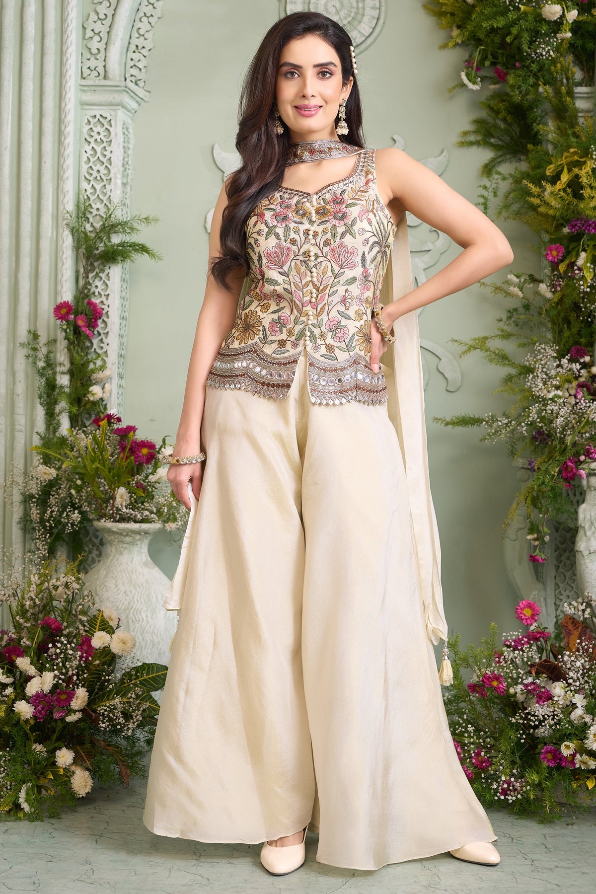 Ivory Cream Chinon Silk Floral Embroidered Palazzo Suit