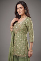 Pista Green Chinon Silk Woven and Mirror Worked Palazzo Suit