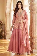 Dusty Peach Chinon Silk Woven and Mirror Worked Palazzo Suit