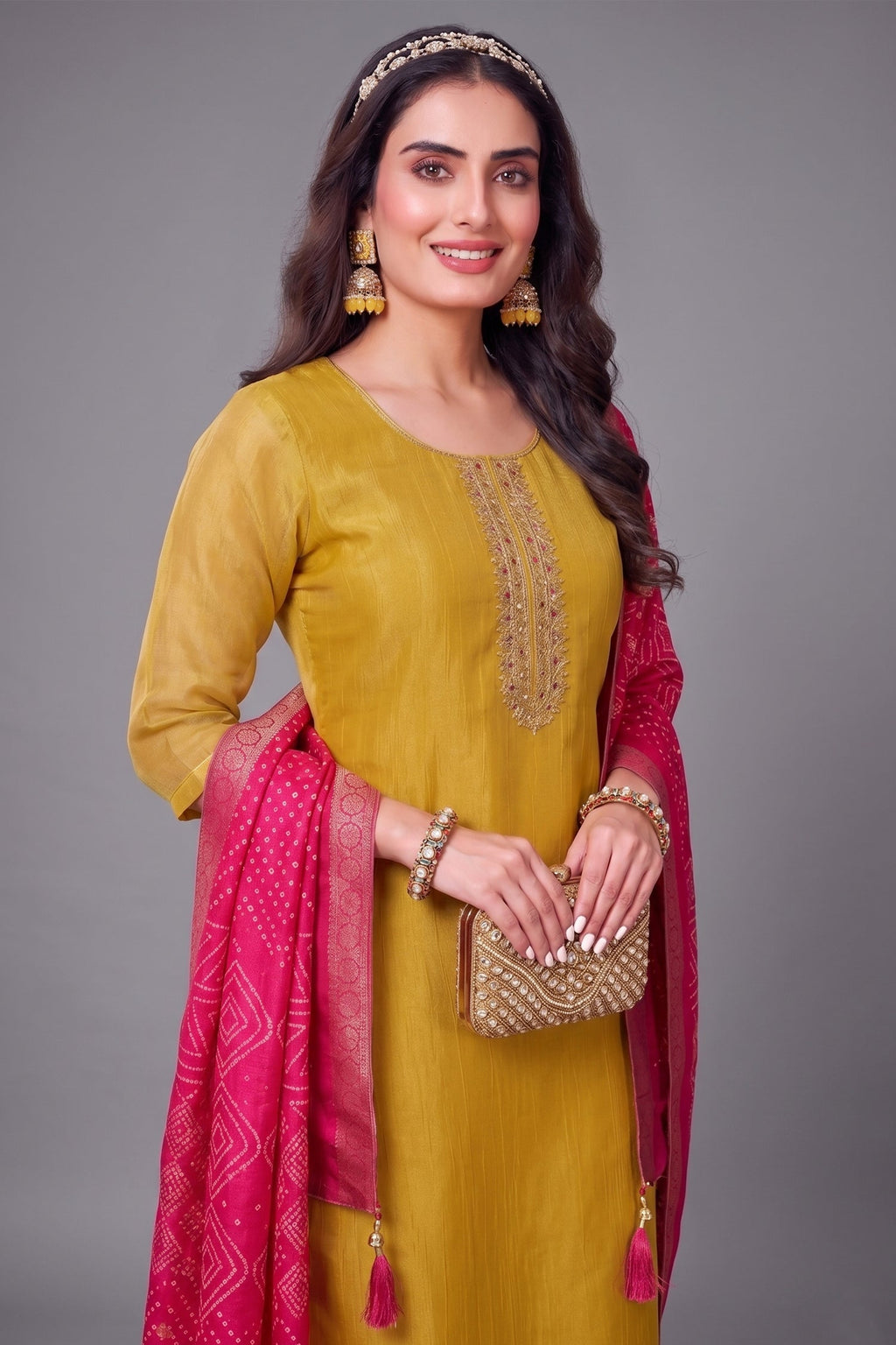 Mustard Yellow Tissue Silk Straight Cut Suit with Contrast Dupatta