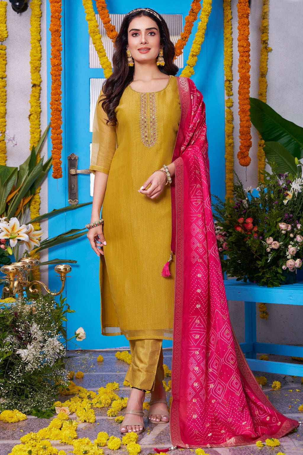Mustard Yellow Tissue Silk Straight Cut Suit with Contrast Dupatta