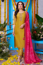 Mustard Yellow Tissue Silk Straight Cut Suit with Contrast Dupatta