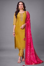 Mustard Yellow Tissue Silk Straight Cut Suit with Contrast Dupatta